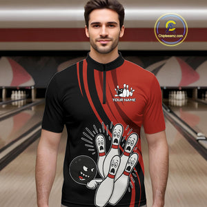Funny Bowling ball and pins Black and Red Bowling Team Shirts For Men Custom Retro Bowling Jerseys NQS10225