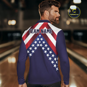 Red, White & Blue American Flag Mens Bowling Polo, 1/4 Zip Shirt Custom Patriotic Team Bowling Jersey NQS10226