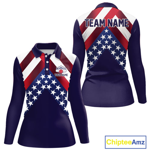 Red, White & Blue American Flag Women Bowling Shirts Custom Patriotic Team Bowling Jersey NQS10226