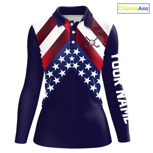 Red, White and Blue American Flag golf polo shirts for Women Custom Patriotic ladies golf outfit NQS10227