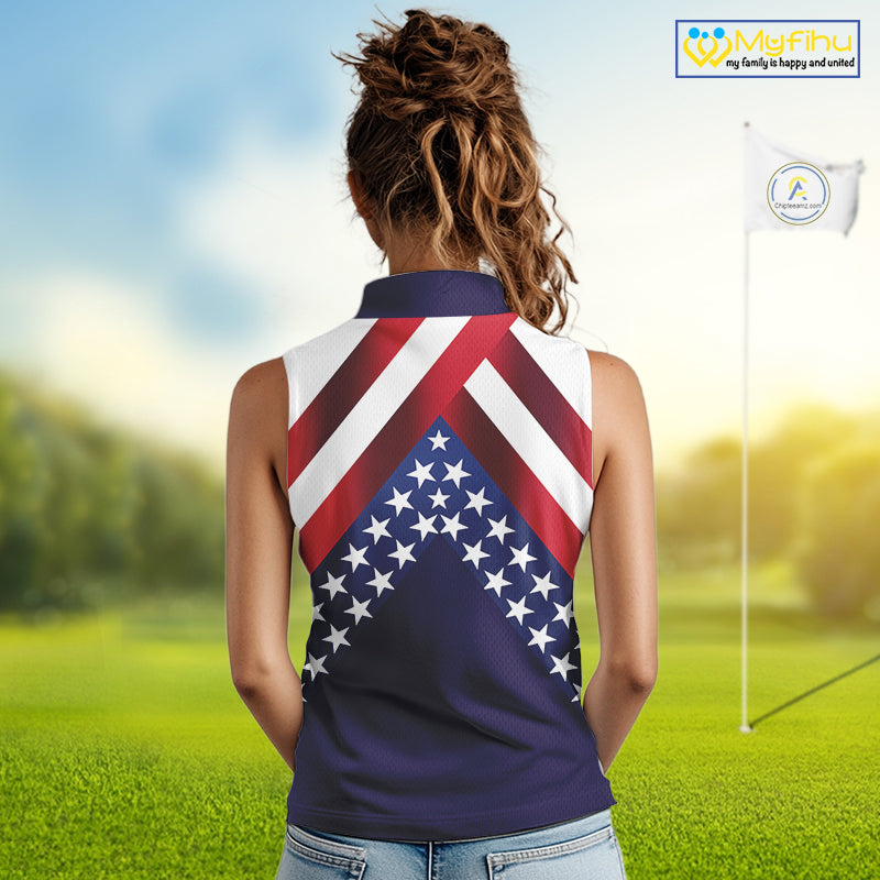 Red, White and Blue American Flag sleeveless golf polo shirts Custom Patriotic ladies golf outfit NQS10227