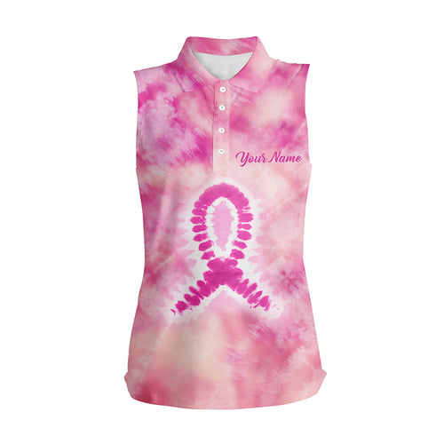 Womens sleeveless polo shirt custom pink tie dye breast cancer awareness tournament ladies golf tops NQS6085