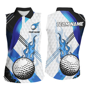 Blue Flame white Golf ball pattern Women sleeveless polo shirt Custom Ladies Golf Top, best golf gifts NQS8197