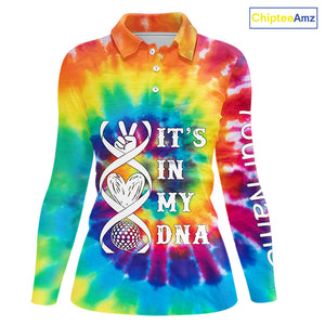 Women golf polo shirts colorful tie dye pattern custom It's in my DNA peace love golf top for ladies NQS10391