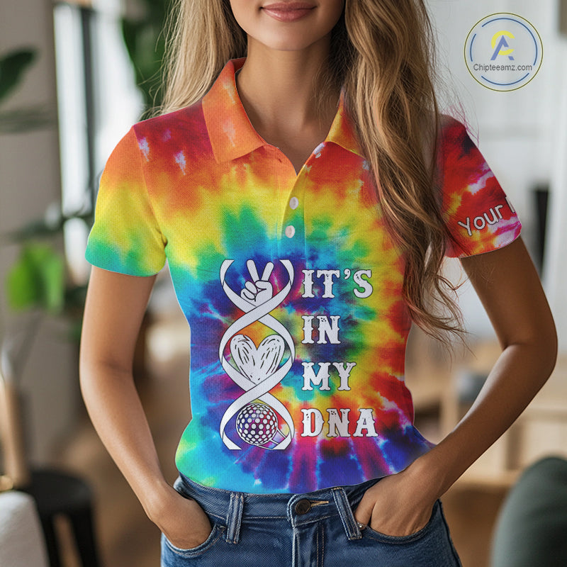 Women golf polo shirts colorful tie dye pattern custom It's in my DNA peace love golf top for ladies NQS10391