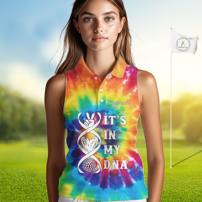 Women Sleeveless Polos colorful tie dye pattern custom It's in my DNA peace love golf top for ladies NQS10391