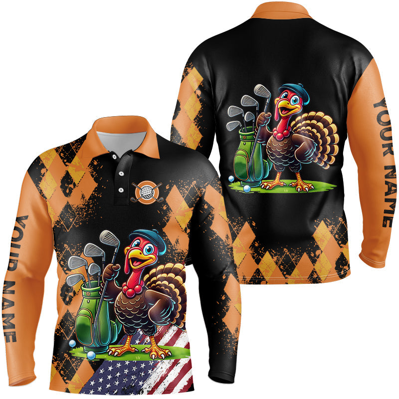 Orange argyle pattern Thanksgiving Turkey American Flag Mens golf polo shirt custom mens golf tops NQS8638