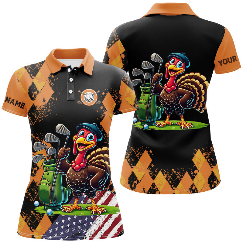 Orange argyle pattern Thanksgiving Turkey American Flag Women golf polo shirt custom ladies golf tops NQS8638