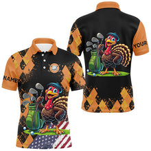 Load image into Gallery viewer, Orange argyle pattern Thanksgiving Turkey American Flag Mens golf polo shirt custom mens golf tops NQS8638