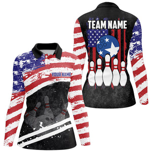 Retro American Flag Bowling Polo, Quarter Zip Shirts For Women Custom Patriotic Bowling Team Jerseys NQS8639