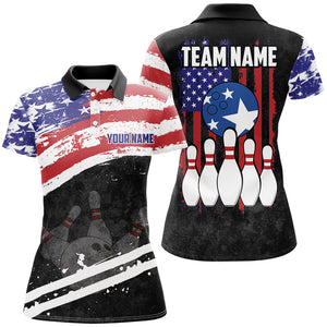 Retro American Flag Bowling Polo, Quarter Zip Shirts For Women Custom Patriotic Bowling Team Jerseys NQS8639