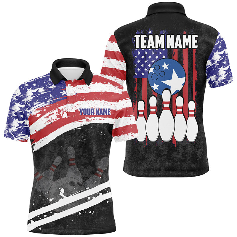 Retro American Flag Bowling Polo, Quarter Zip Shirts For Men Custom Patriotic Bowling Team Jerseys NQS8639