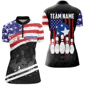 Retro American Flag Bowling Polo, Quarter Zip Shirts For Women Custom Patriotic Bowling Team Jerseys NQS8639