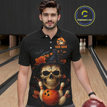 Load image into Gallery viewer, Black and Orange Skull Bowling Polo, Quarter Zip Shirts For Men Custom Halloween Bowling Team Jerseys NQS10818
