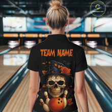 Load image into Gallery viewer, Black and Orange Skull Bowling Polo, Quarter Zip Shirt For Women Custom Halloween Bowling Team Jersey NQS10818