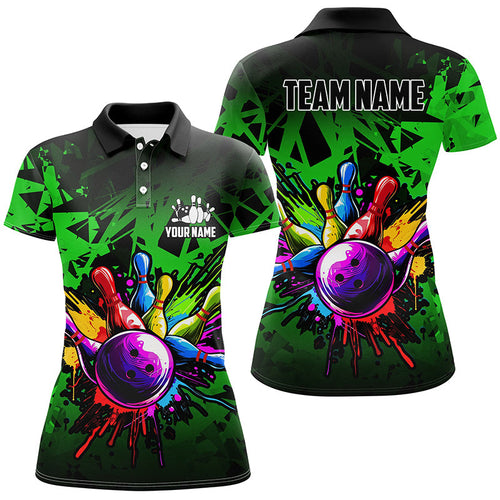 Colorful bowling jersey Polo, 1/4 Zip Shirt for Women Custom Bowling Team shirts for bowler| Green NQS8881