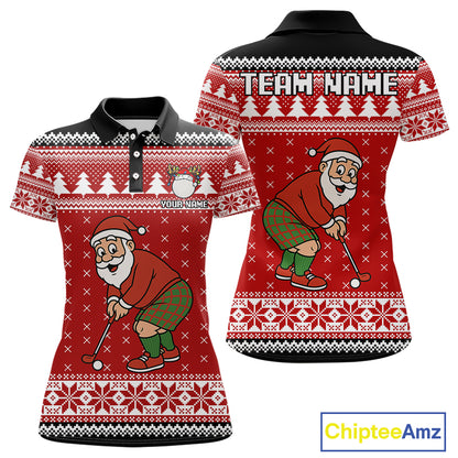 Funny Santa Golf Polo shirts For women Red ugly Christmas pattern Custom ladies Christmas golf shirts NQS11000