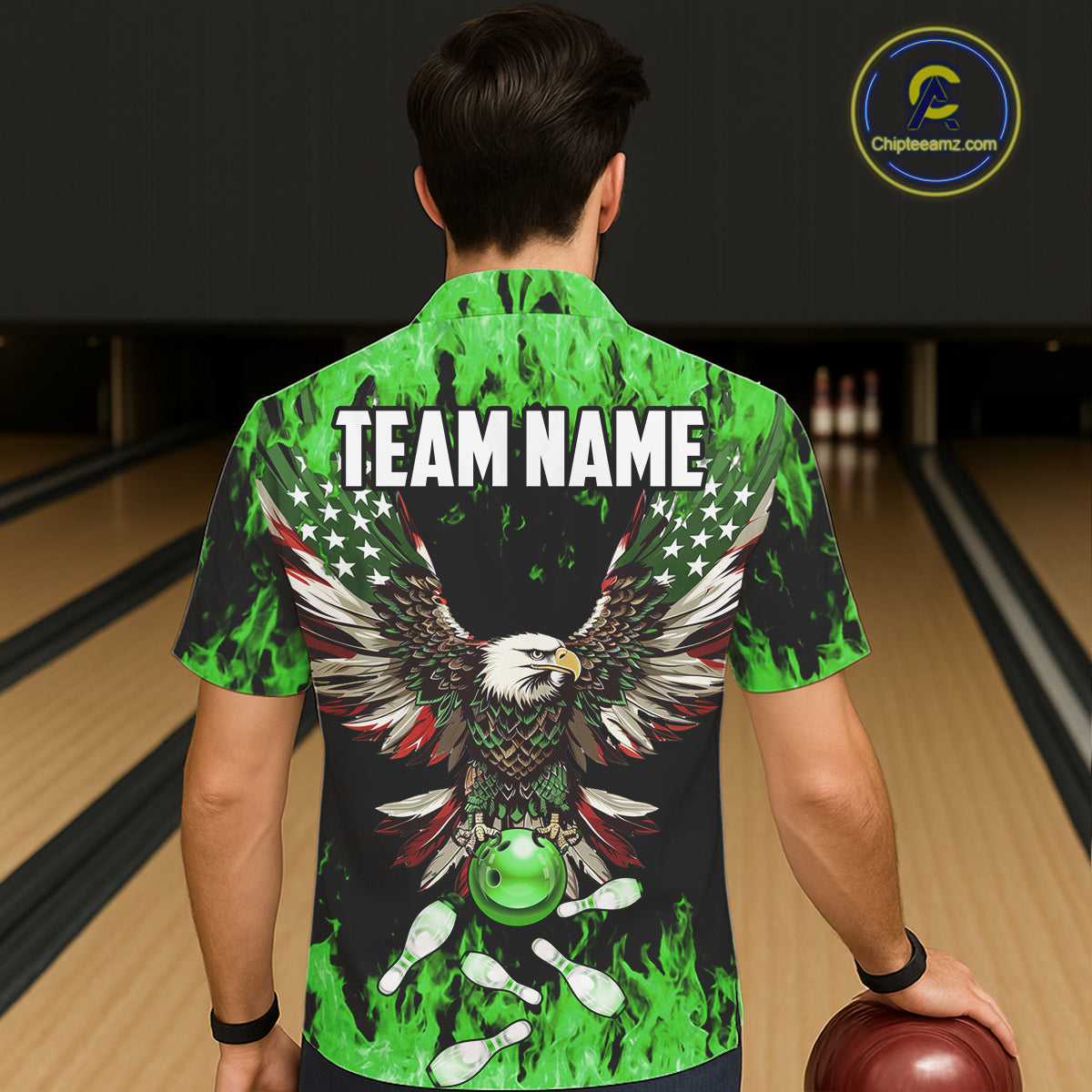Green flame Hawaiian bowling shirts Custom American flag Eagle Team bowling shirts, gift for bowlers NQS11188
