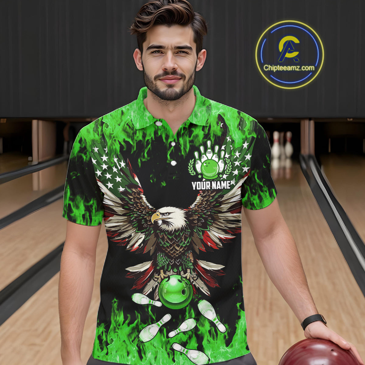 Green flame Mens bowling shirts Custom American flag Eagle Team bowling shirts, gift for bowlers NQS11188