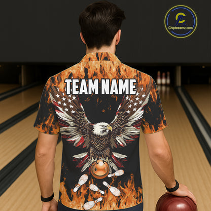 Orange flame Hawaiian bowling shirts Custom American flag Eagle Team bowling shirts, gift for bowlers NQS11189