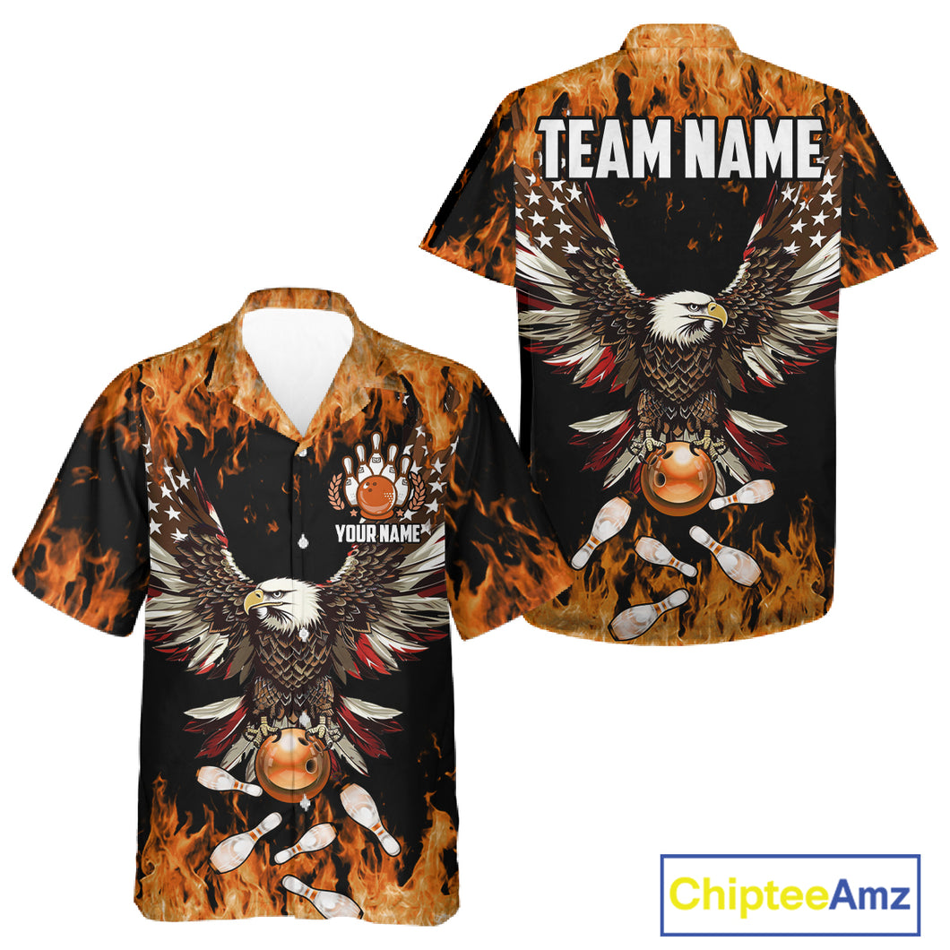 Orange flame Hawaiian bowling shirts Custom American flag Eagle Team bowling shirts, gift for bowlers NQS11189