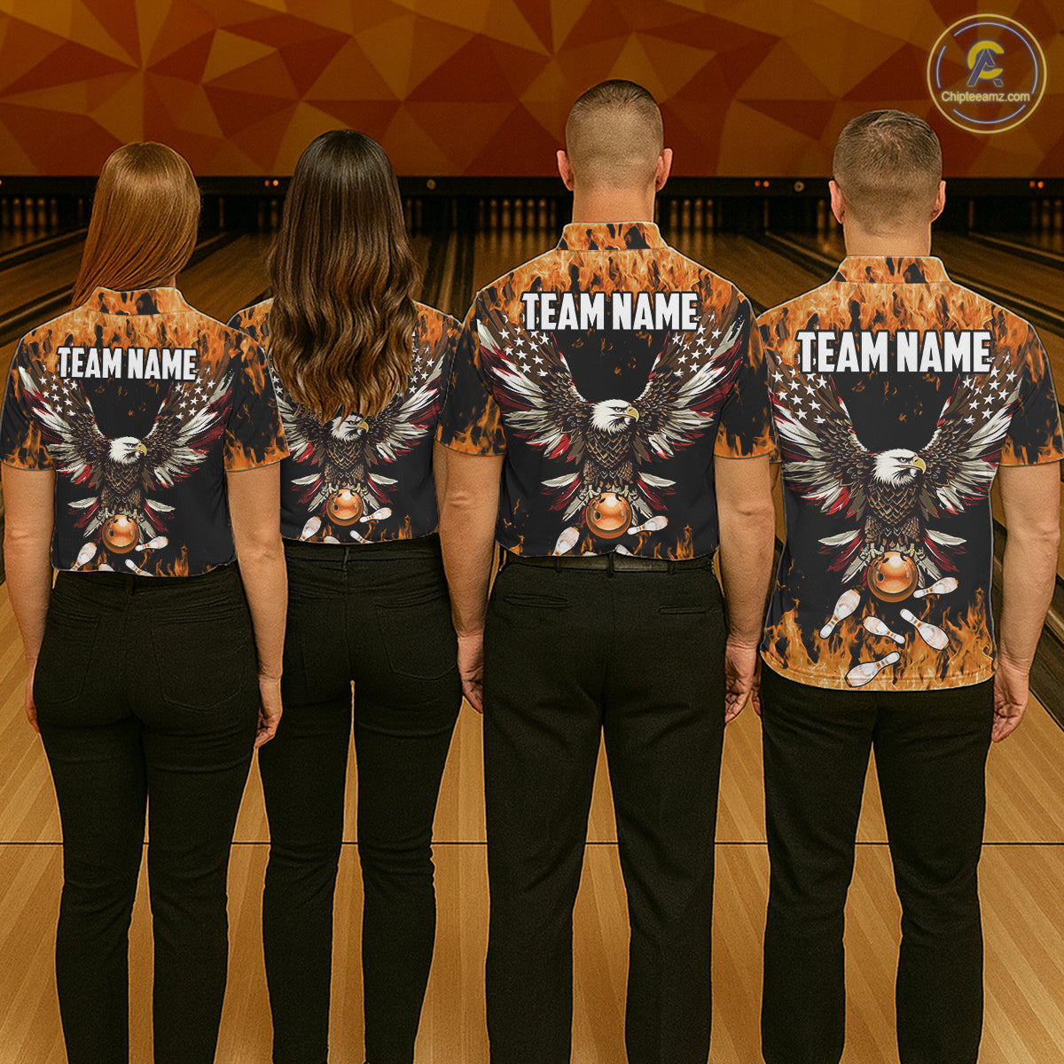 Orange flame Mens bowling shirts Custom American flag Eagle Team bowling shirts, gift for bowlers NQS11189