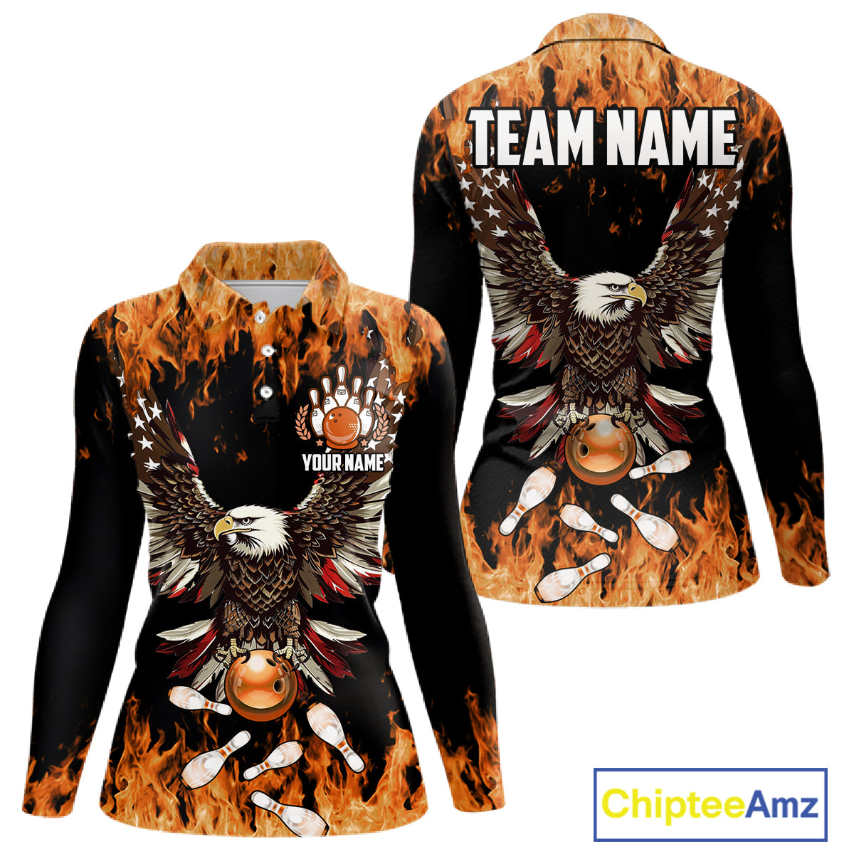 Orange flame Womens bowling shirts Custom American flag Eagle Team bowling shirts, gift for bowlers NQS11189