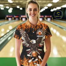 Load image into Gallery viewer, Orange flame Womens bowling shirts Custom American flag Eagle Team bowling shirts, gift for bowlers NQS11189