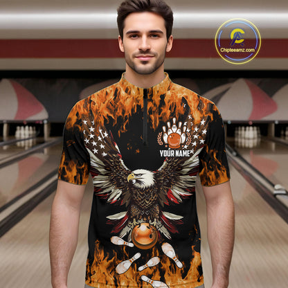 Orange flame Mens bowling shirts Custom American flag Eagle Team bowling shirts, gift for bowlers NQS11189