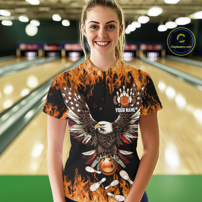 Orange flame Womens bowling shirts Custom American flag Eagle Team bowling shirts, gift for bowlers NQS11189