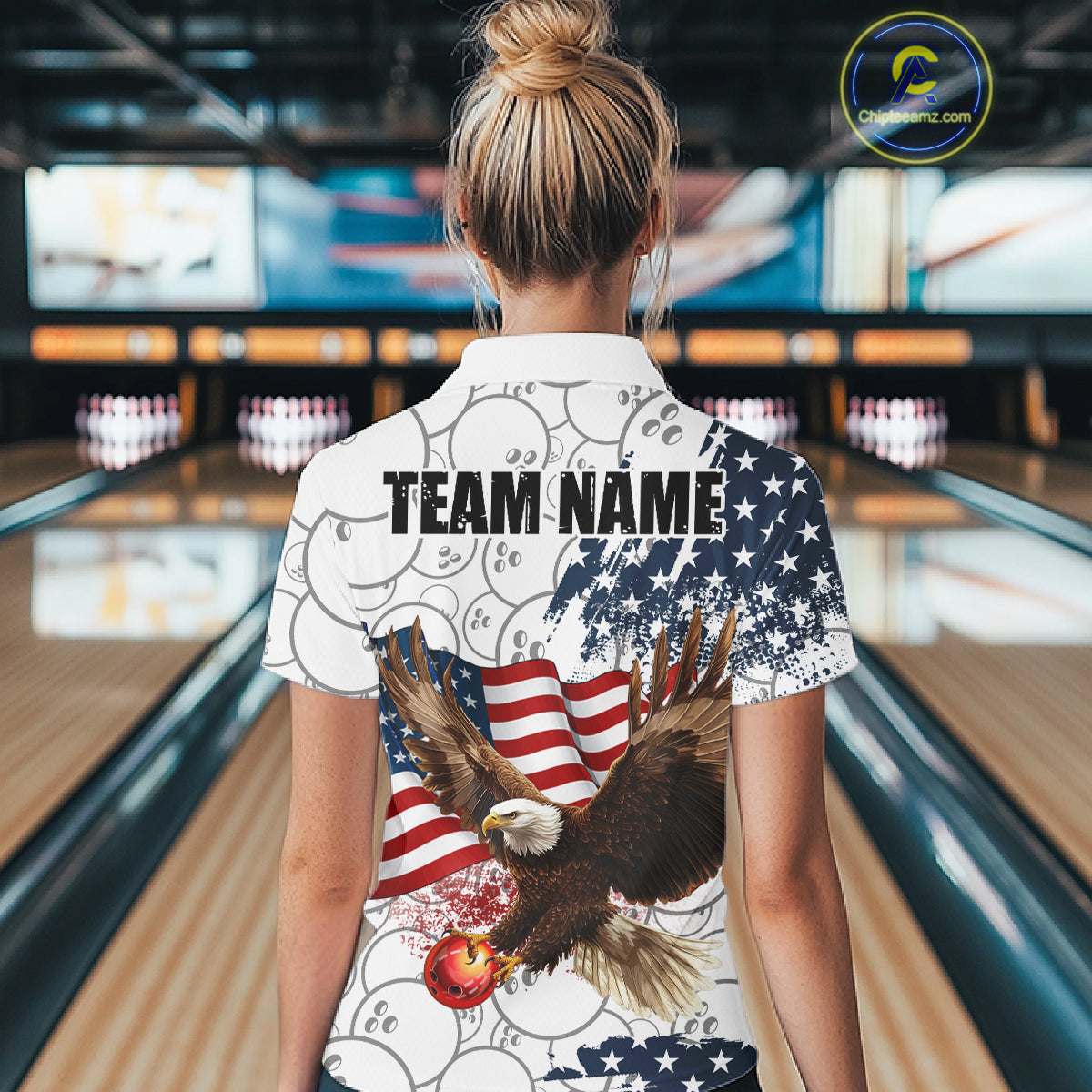 Red, White, Blue American Flag Eagle Women Bowling Shirts Custom Patriotic Camo Bowling Team Jersey NQS11192