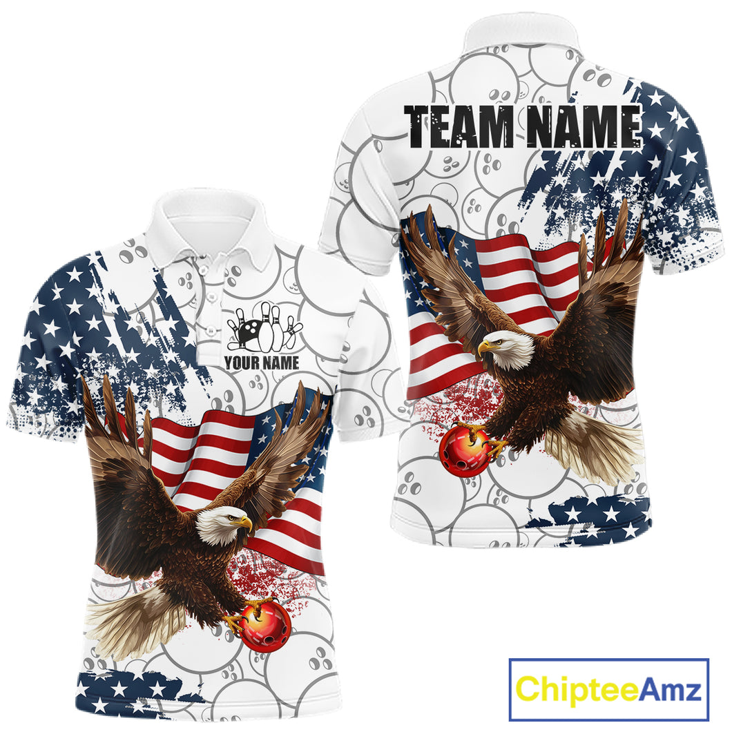 Red, White, Blue American Flag Eagle Men Bowling Shirts Custom Patriotic Camo Bowling Team Jersey NQS11192