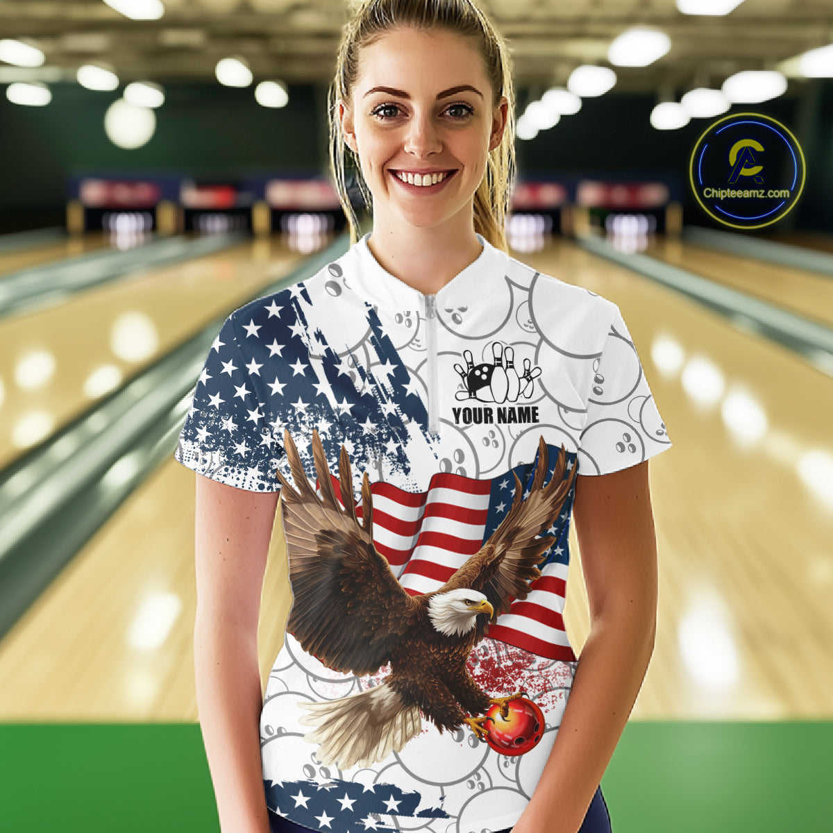Red, White, Blue American Flag Eagle Women Bowling Shirts Custom Patriotic Camo Bowling Team Jersey NQS11192