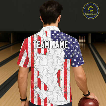Personalized Red, White and Blue American Flag Bowling Team Hawaiian Shirt, Patriotic Bowling Gifts NQS11197