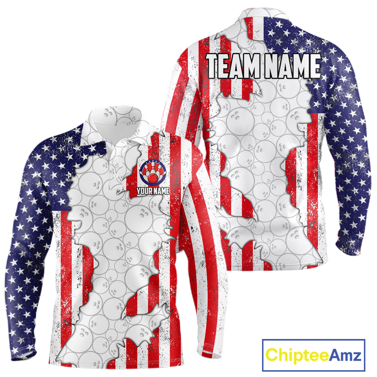 Personalized Red, White and Blue American Flag Bowling Team Shirts For Men, Patriotic Bowling Gifts NQS11197