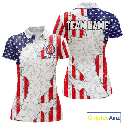 Personalized Red, White and Blue American Flag Bowling Team Shirts For Women, Patriotic Bowling Gifts NQS11197