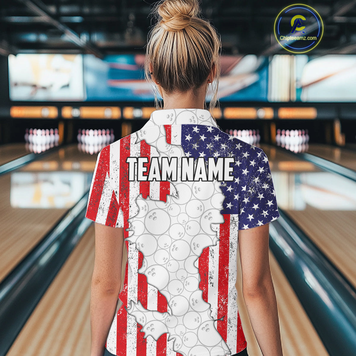 Personalized Red, White and Blue American Flag Bowling Team Shirts For Women, Patriotic Bowling Gifts NQS11197