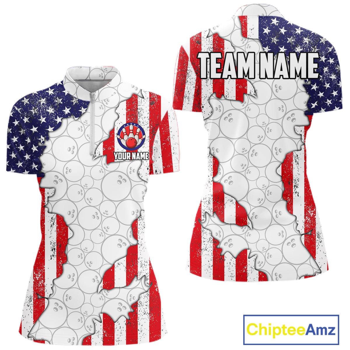Personalized Red, White and Blue American Flag Bowling Team Shirts For Women, Patriotic Bowling Gifts NQS11197