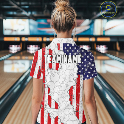 Personalized Red, White and Blue American Flag Bowling Team Shirts For Women, Patriotic Bowling Gifts NQS11197