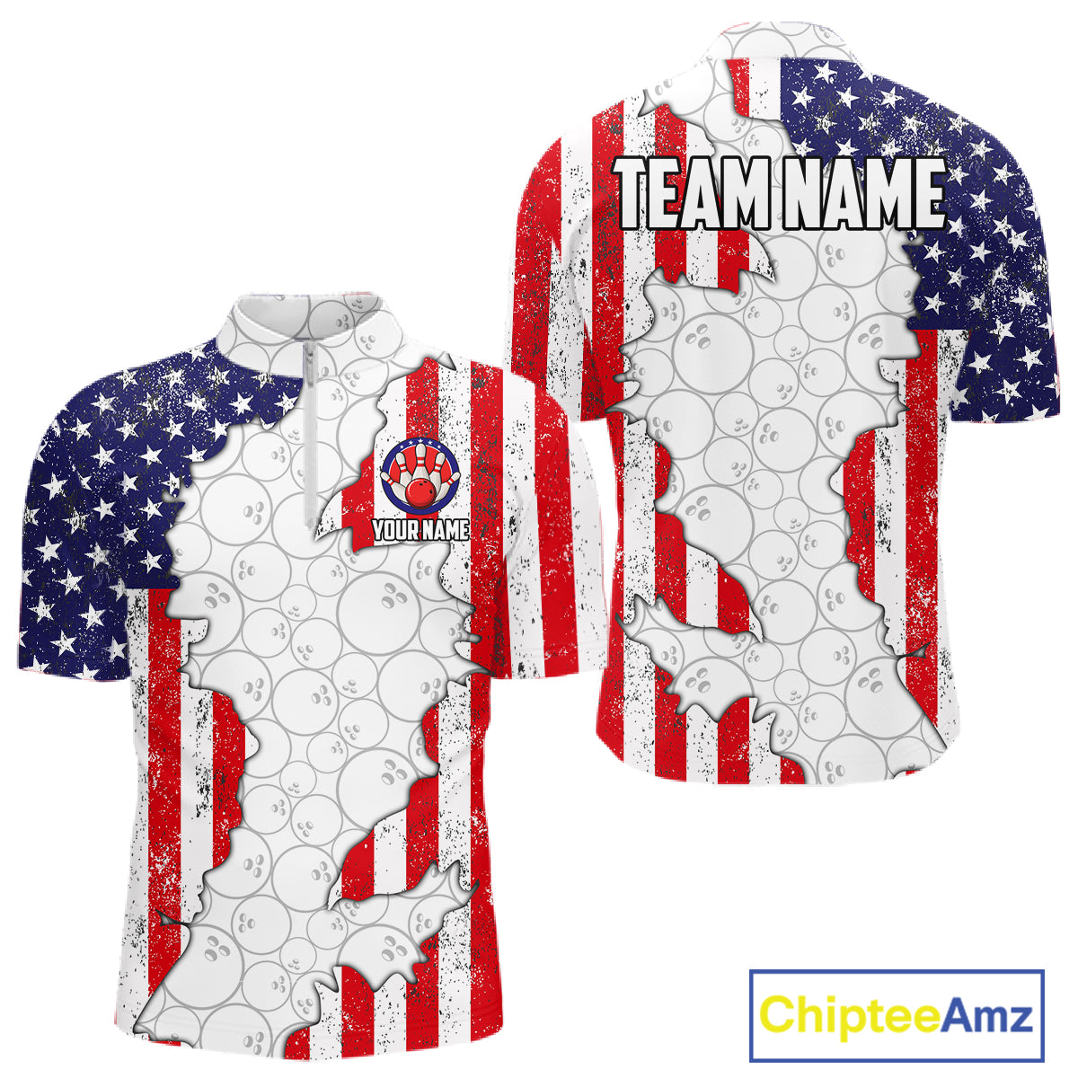 Personalized Red, White and Blue American Flag Bowling Team Shirts For Men, Patriotic Bowling Gifts NQS11197