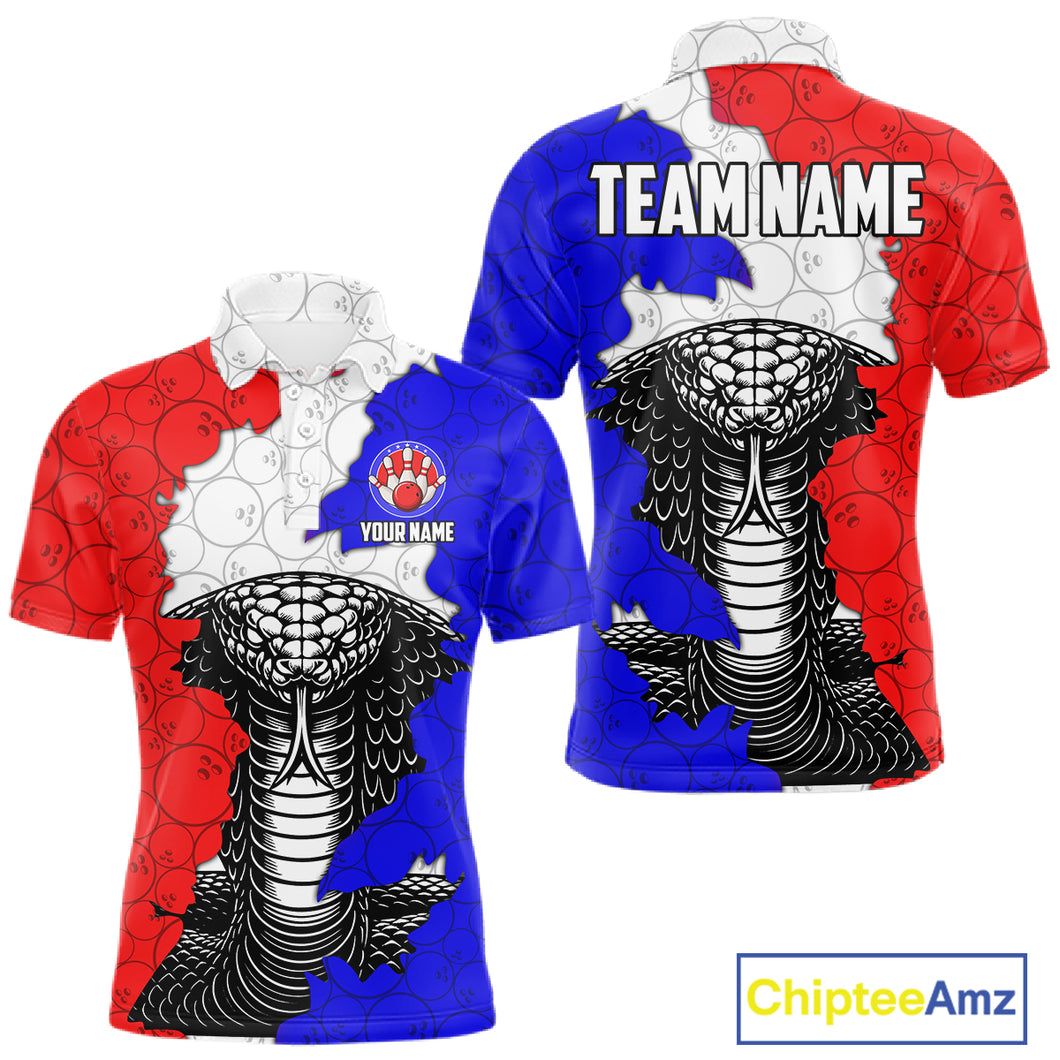 Personalized Red, White and Blue Cobra Snake Bowling Team Shirts For Men, Patriotic Bowling Jerseys NQS11198