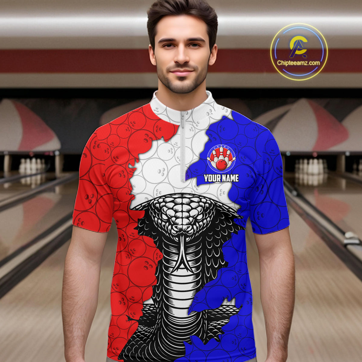 Personalized Red, White and Blue Cobra Snake Bowling Team Shirts For Men, Patriotic Bowling Jerseys NQS11198