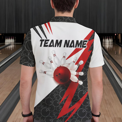 Black and White Bowling Polo, Quarter Zip Shirt for Men Custom Lightning Team bowling jerseys | Red NQS9324