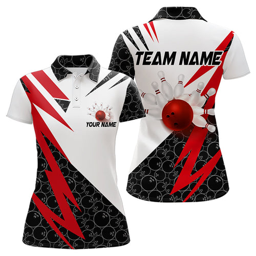 Black and White Bowling Polo, Quarter Zip Shirt for Women Custom Lightning Team bowling jerseys | Red NQS9324