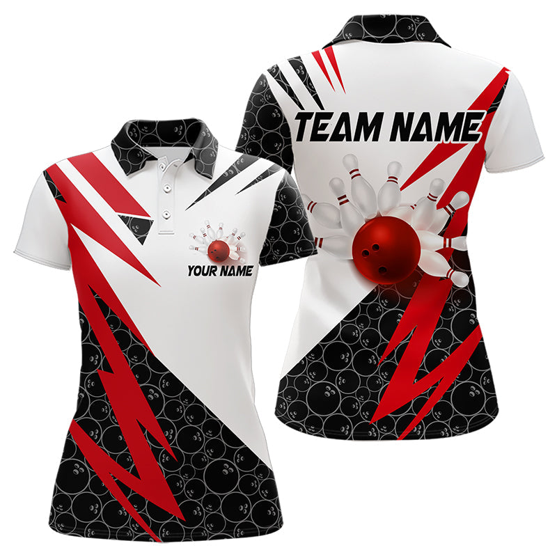 Black and White Bowling Polo, Quarter Zip Shirt for Women Custom Lightning Team bowling jerseys | Red NQS9324