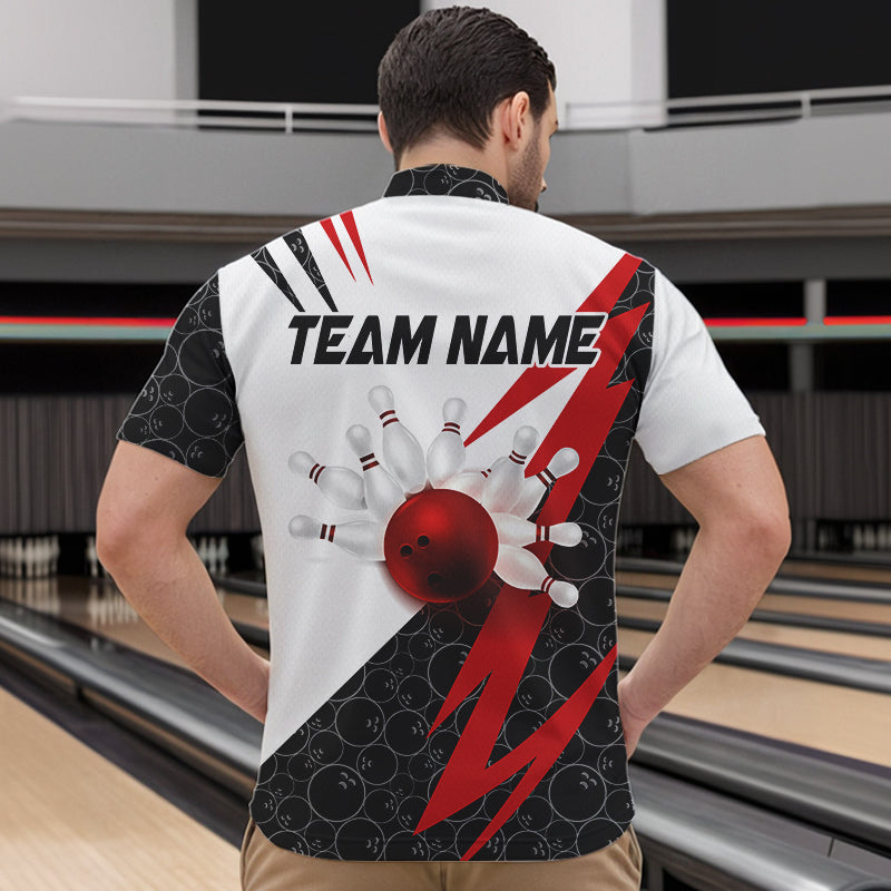 Black and White Bowling Polo, Quarter Zip Shirt for Men Custom Lightning Team bowling jerseys | Red NQS9324