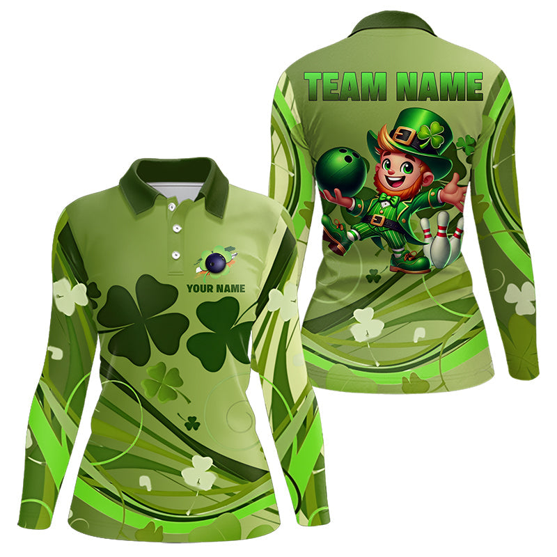 Green shamrock Lucky Women Bowling Polo, Quarter Zip Shirts Custom St Patrick Day Team bowling Shirts NQS9328