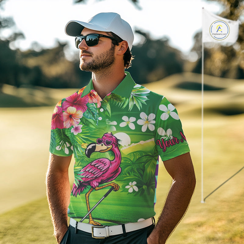 Personalized Green tropical flower flamingo golf shirt for Men custom team golf shirts NQS11399