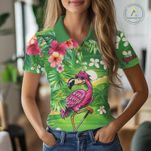 Load image into Gallery viewer, Personalized Green tropical flower flamingo golf polo shirt for Women custom team golf shirts NQS11399
