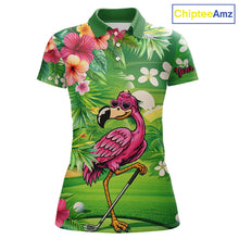 Load image into Gallery viewer, Personalized Green tropical flower flamingo golf polo shirt for Women custom team golf shirts NQS11399
